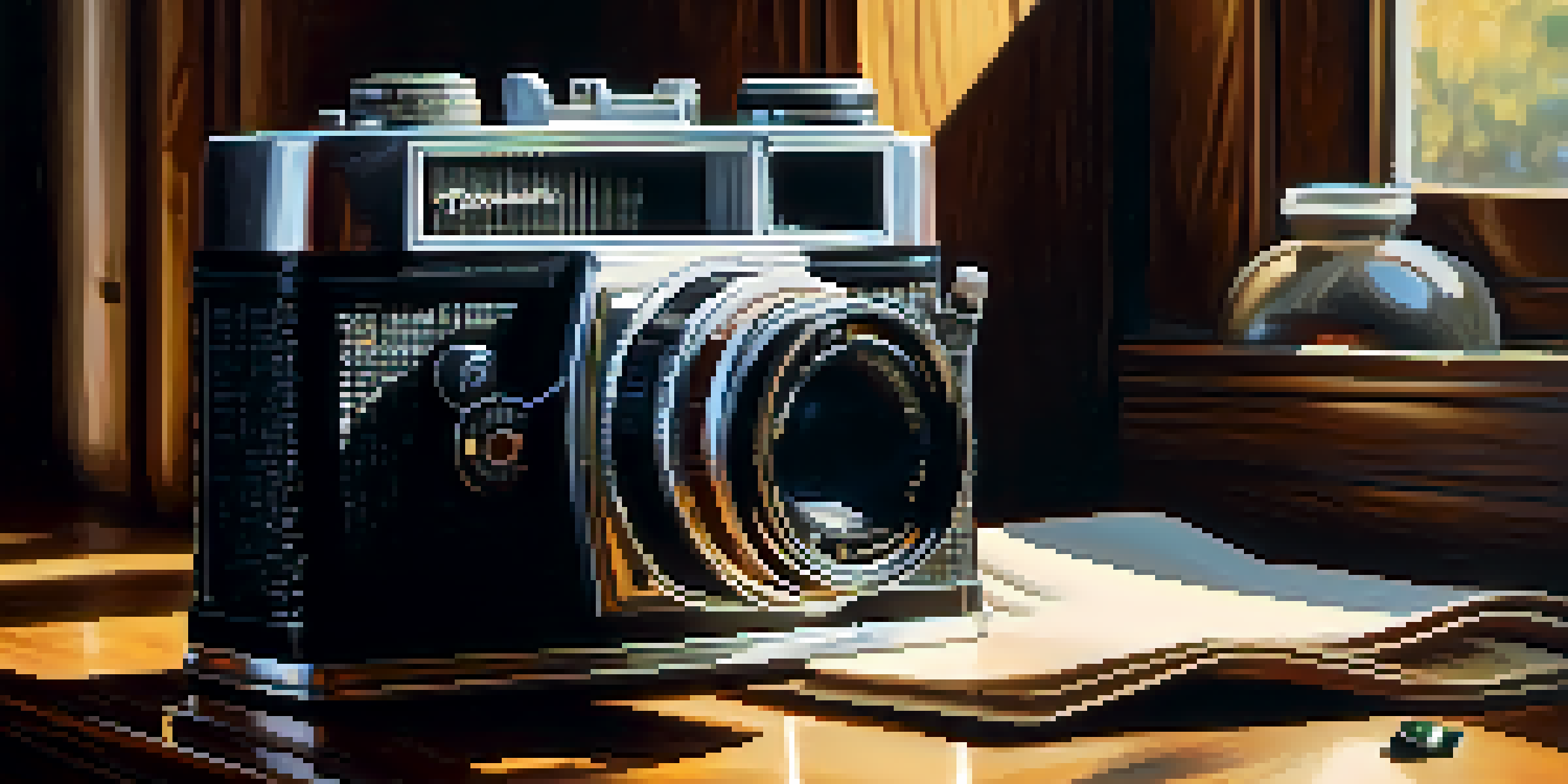A vintage film camera with rolls of analog film stock on a wooden table, illuminated by warm sunlight.