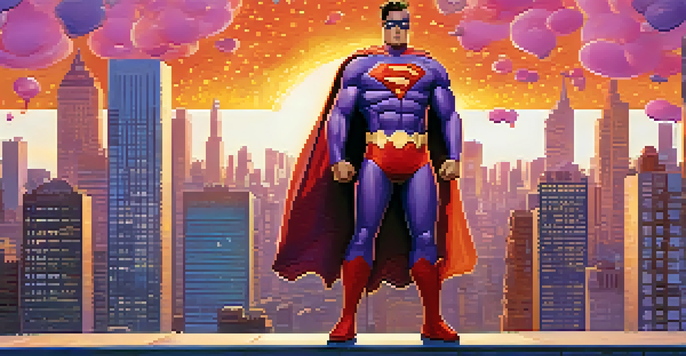 A superhero with a colorful costume poses on a rooftop against a sunset skyline, with speech bubbles adding humor.