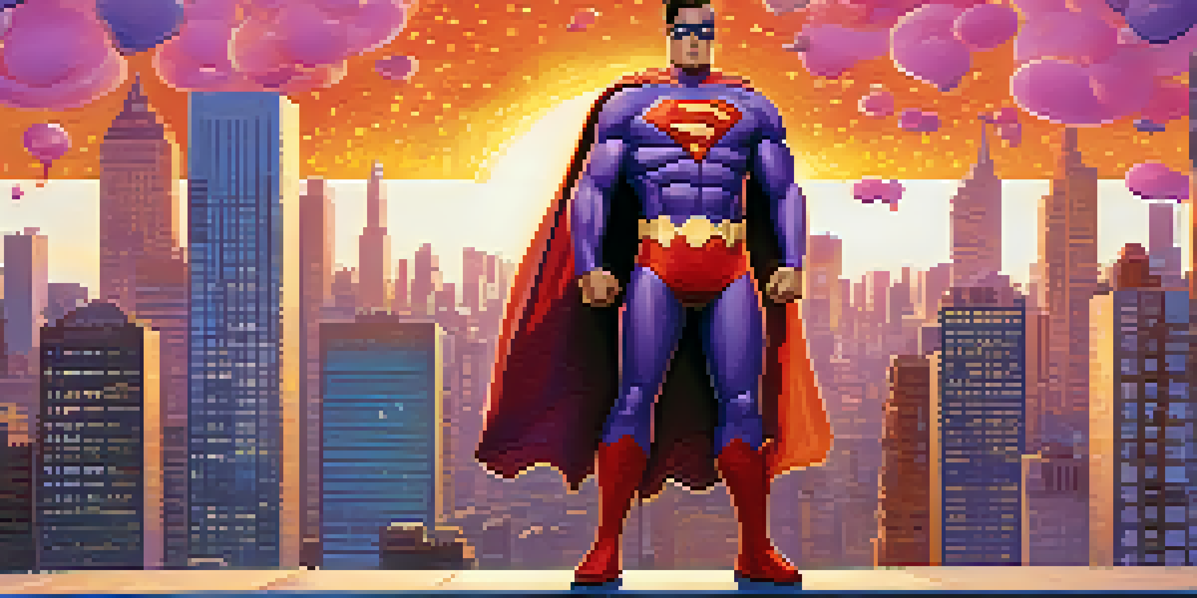 A superhero with a colorful costume poses on a rooftop against a sunset skyline, with speech bubbles adding humor.