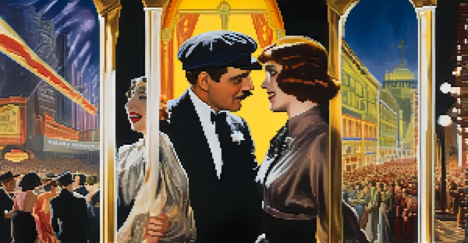 A split image showing a silent film scene with exaggerated acting and intertitles on one side, and a vibrant sound film scene with actors speaking and singing on the other, highlighting the contrast between the two eras.