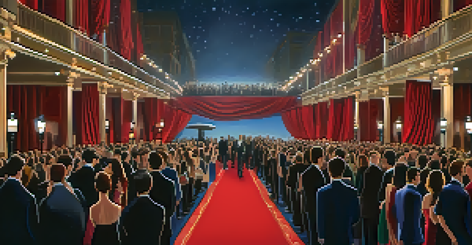 Emerging filmmakers on the red carpet at a film festival, with glamorous spotlights and a crowd of fans.