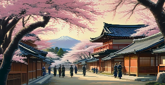A traditional Japanese village during the Meiji Restoration era with samurai practicing martial arts under cherry blossom trees.