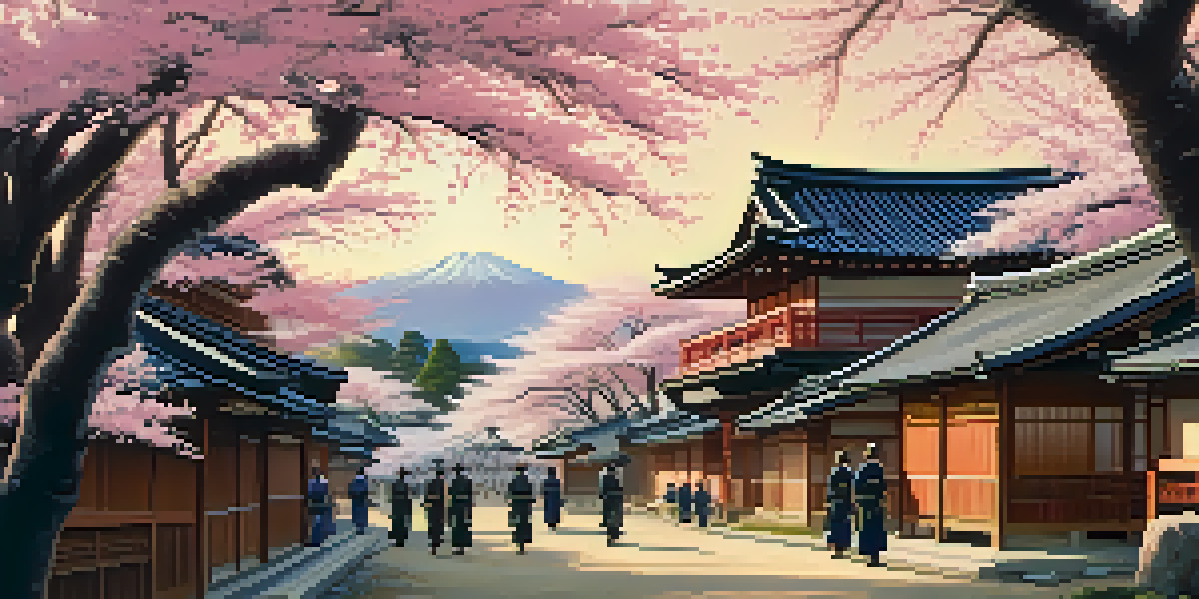 A traditional Japanese village during the Meiji Restoration era with samurai practicing martial arts under cherry blossom trees.