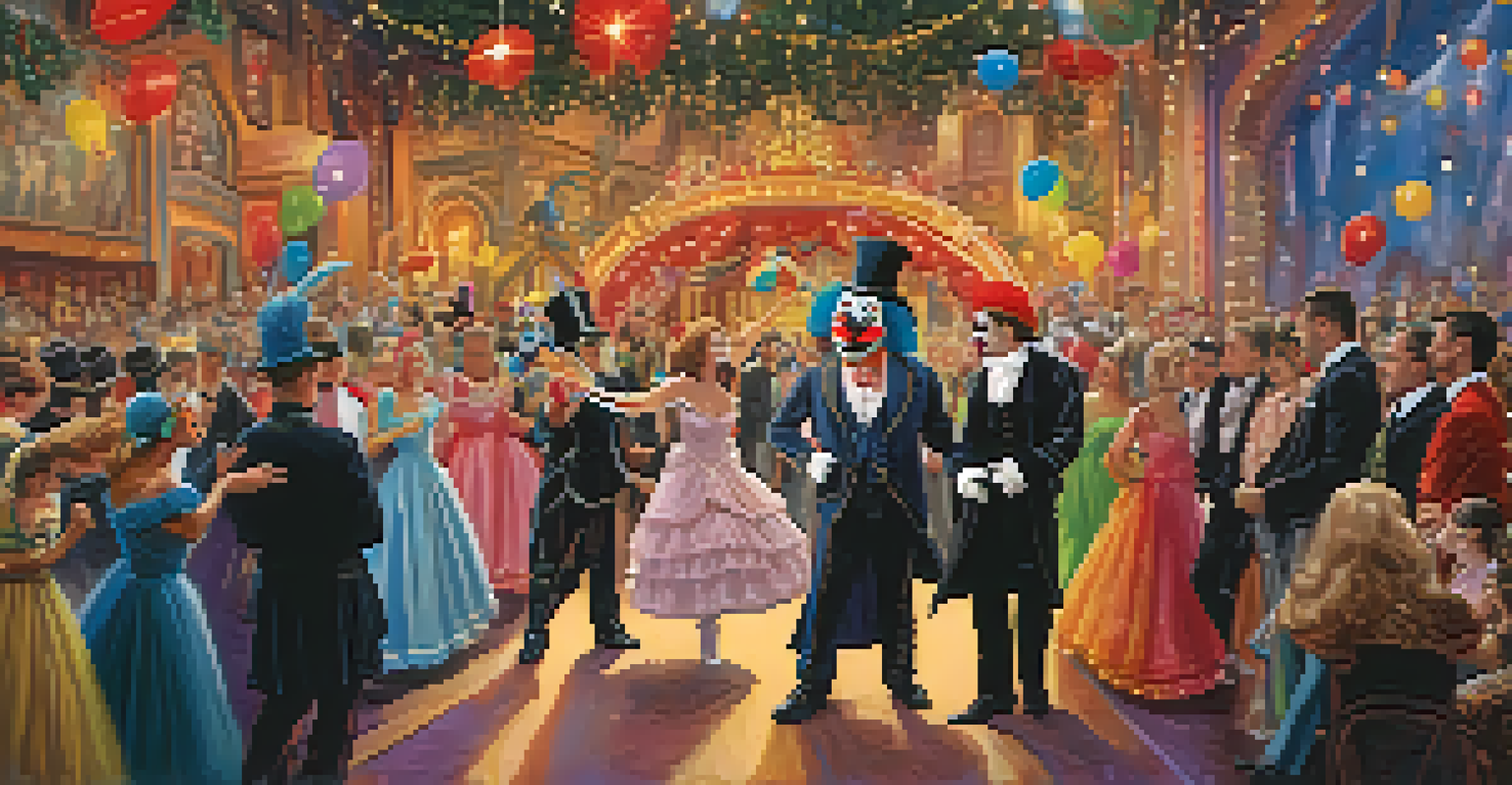 A masquerade ball with guests in colorful costumes and masks, featuring a clown and a knight looking confused amidst the celebration.