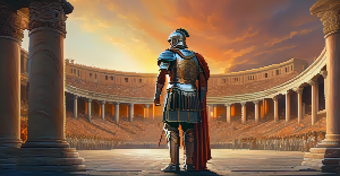 A Roman general in armor stands in a coliseum at sunset, with a cheering crowd in the background.