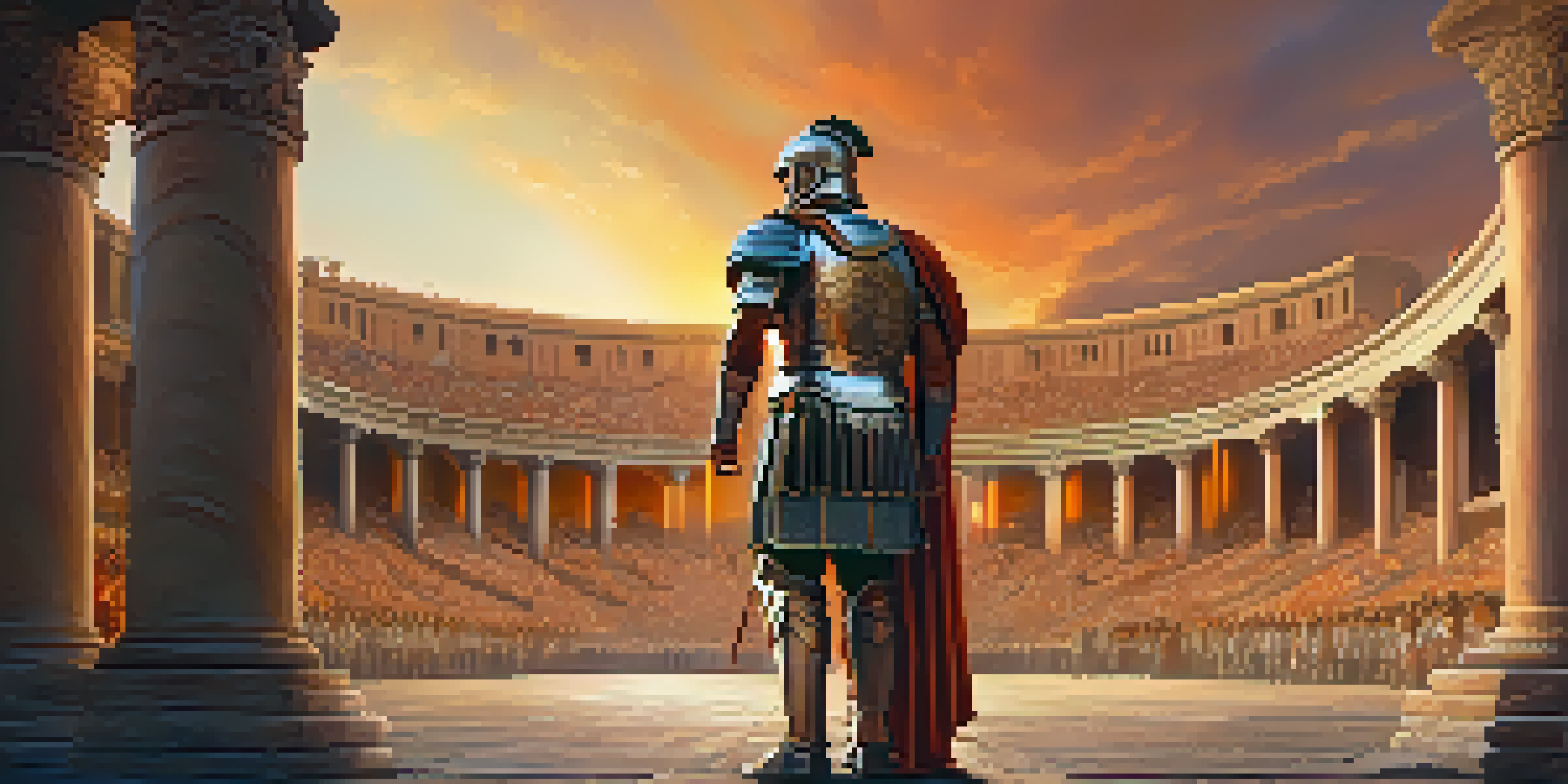 A Roman general in armor stands in a coliseum at sunset, with a cheering crowd in the background.