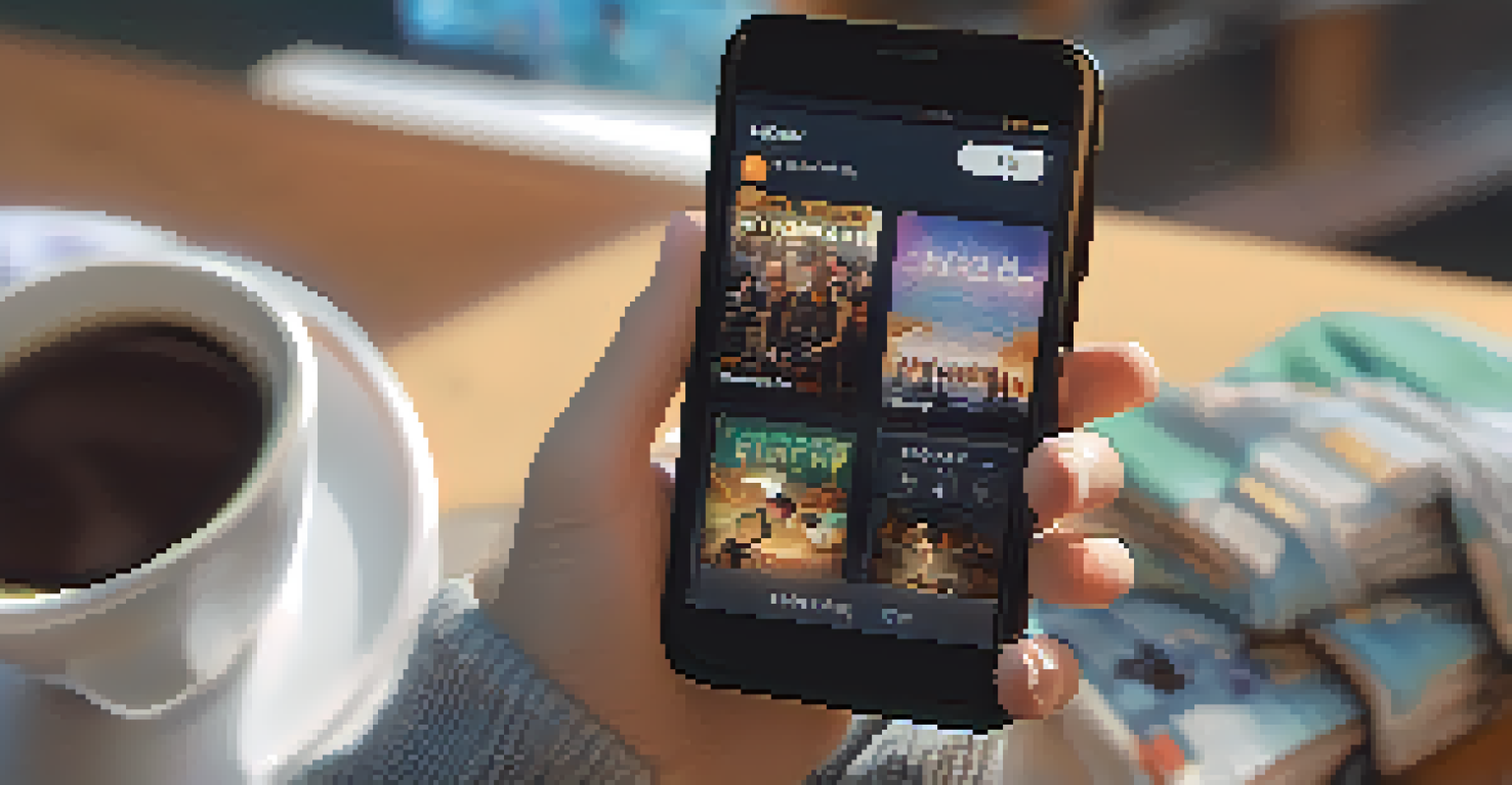 A close-up of a smartphone displaying a streaming service, held in a hand with a cozy blanket and coffee in the background.