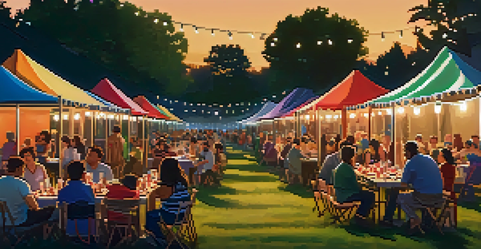 A lively outdoor film festival with diverse attendees enjoying screenings, surrounded by food stalls and colorful decorations.