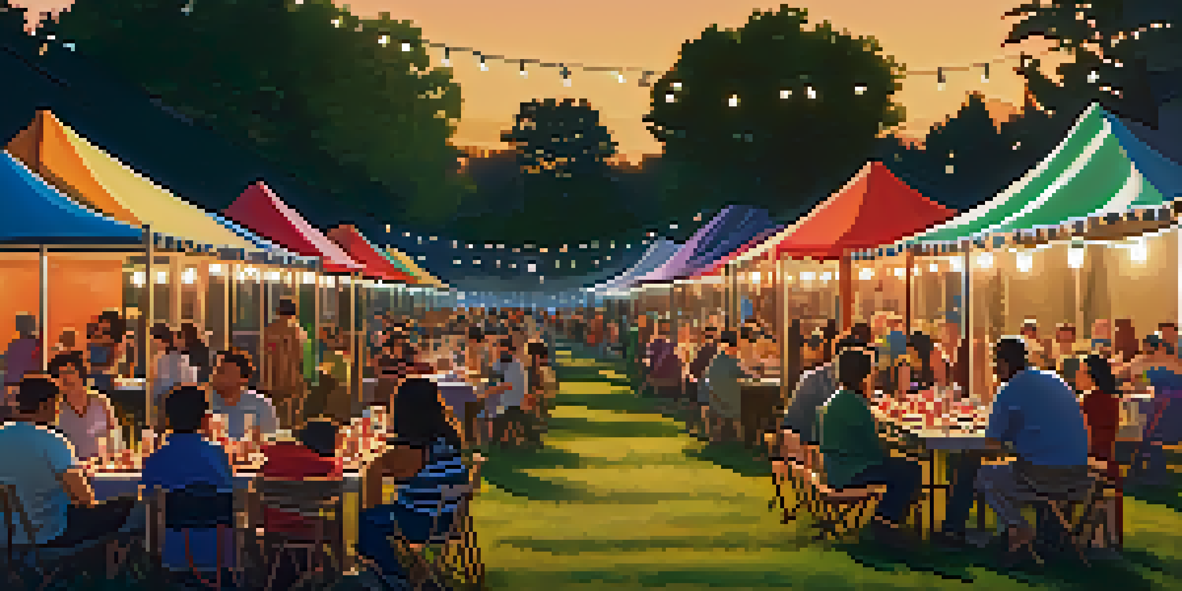A lively outdoor film festival with diverse attendees enjoying screenings, surrounded by food stalls and colorful decorations.