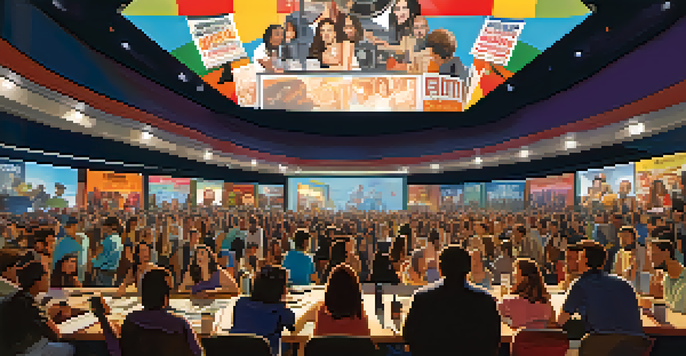 A vibrant film festival with a diverse crowd discussing films and watching a documentary on a large screen, surrounded by colorful banners.