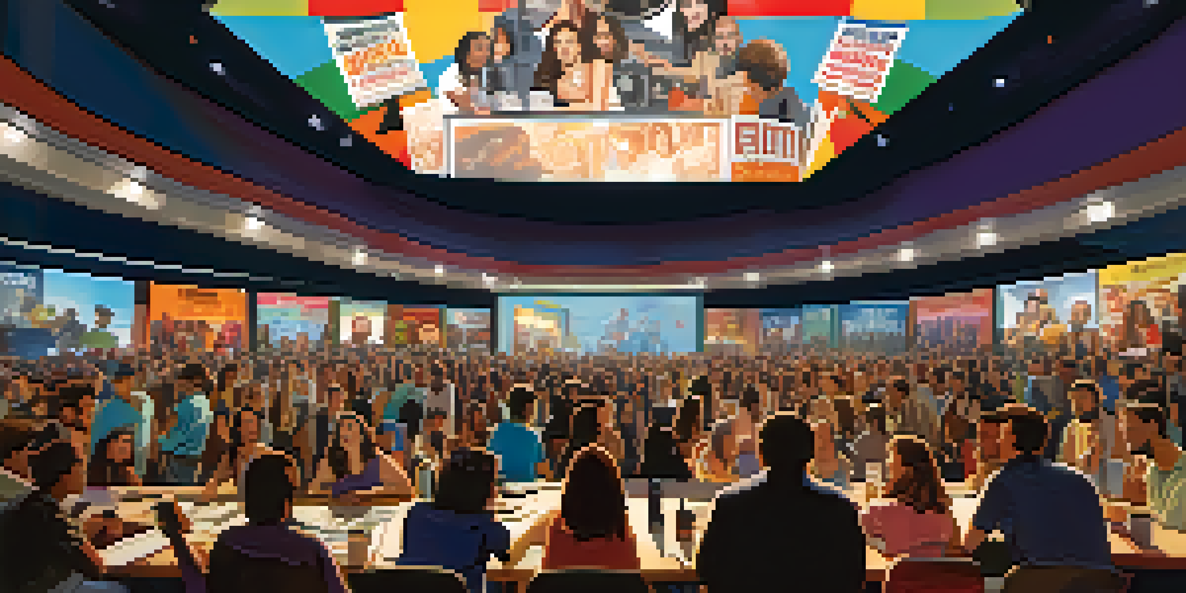 A vibrant film festival with a diverse crowd discussing films and watching a documentary on a large screen, surrounded by colorful banners.