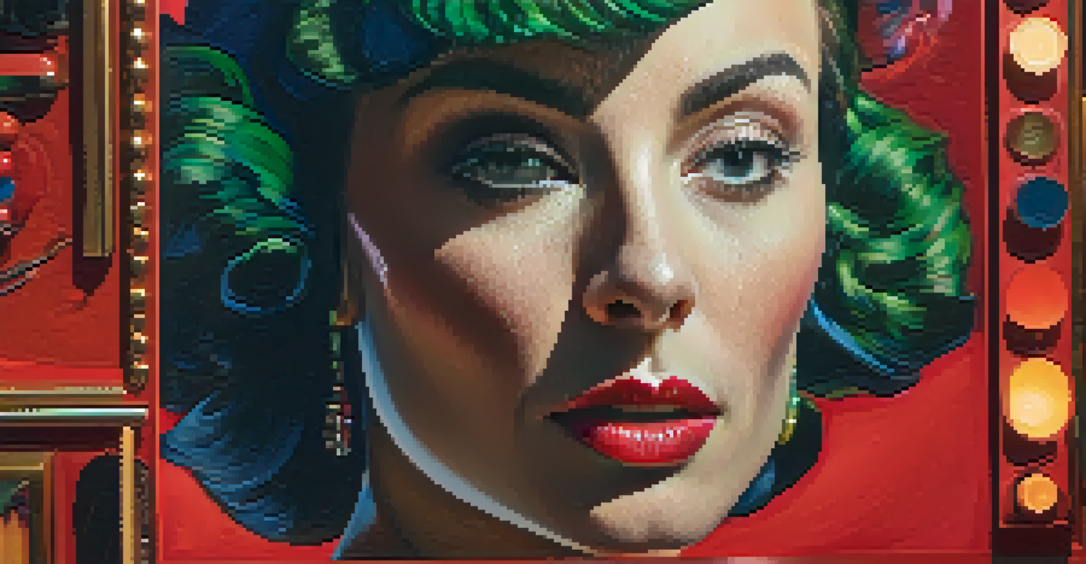 A close-up of an actress with colorful lighting reflecting off her face, showcasing a range of emotions in a vibrant color palette.