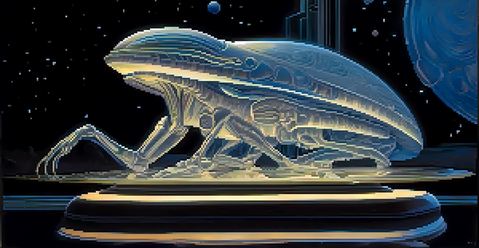 A glowing alien artifact with intricate engravings on a dark reflective surface, surrounded by faint star silhouettes.