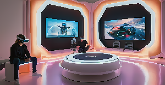 A director in a high-tech filmmaking studio wearing a VR headset, engaging with digital visuals and a modern environment.