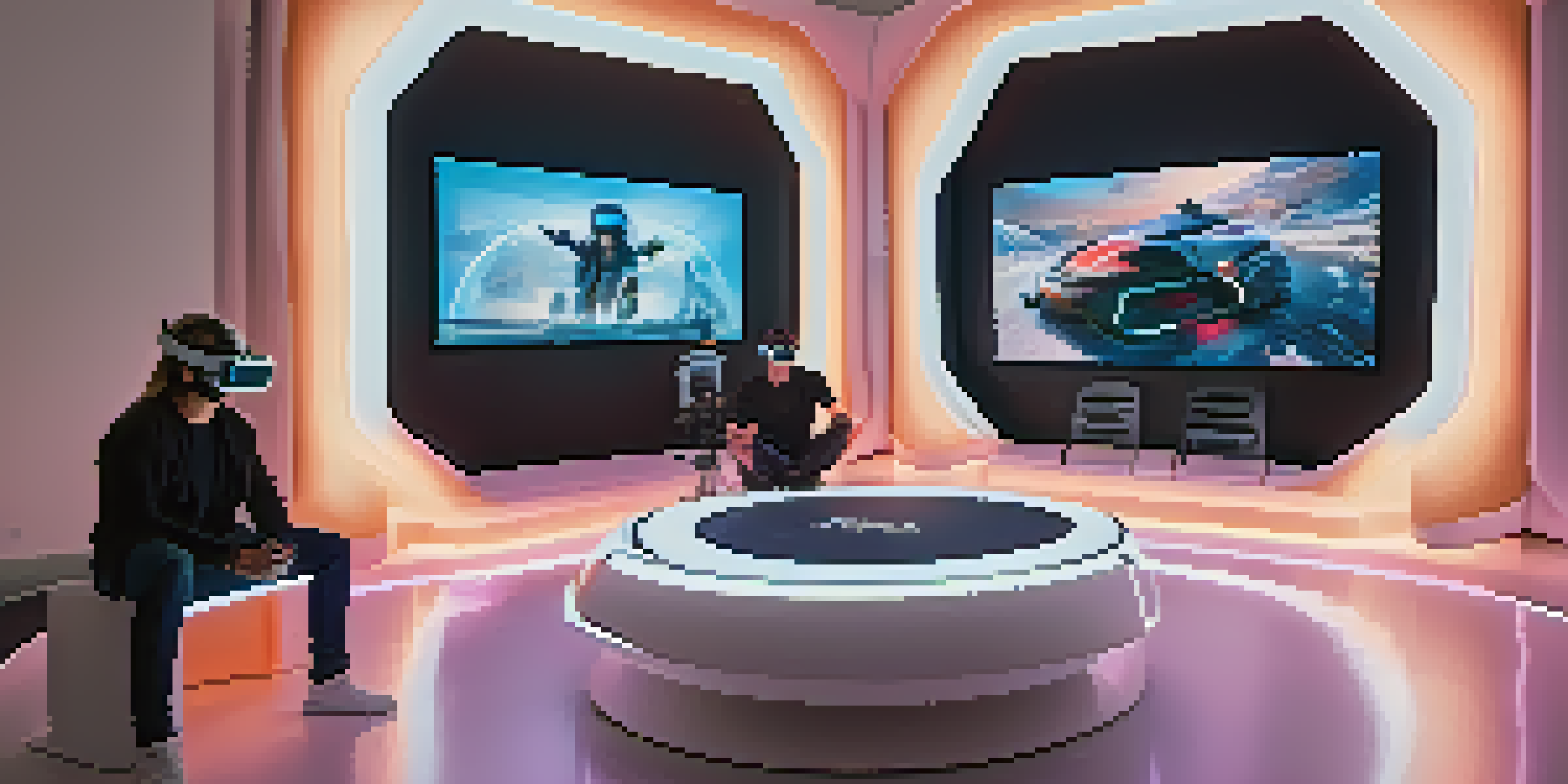 A director in a high-tech filmmaking studio wearing a VR headset, engaging with digital visuals and a modern environment.