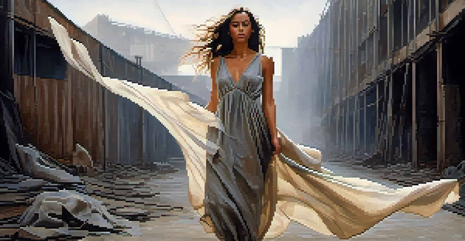 A character in a soft fabric dress against a rugged industrial background, showcasing contrasting textures.
