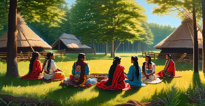 A traditional Indigenous community in a forest, featuring a longhouse and people storytelling in a circle.