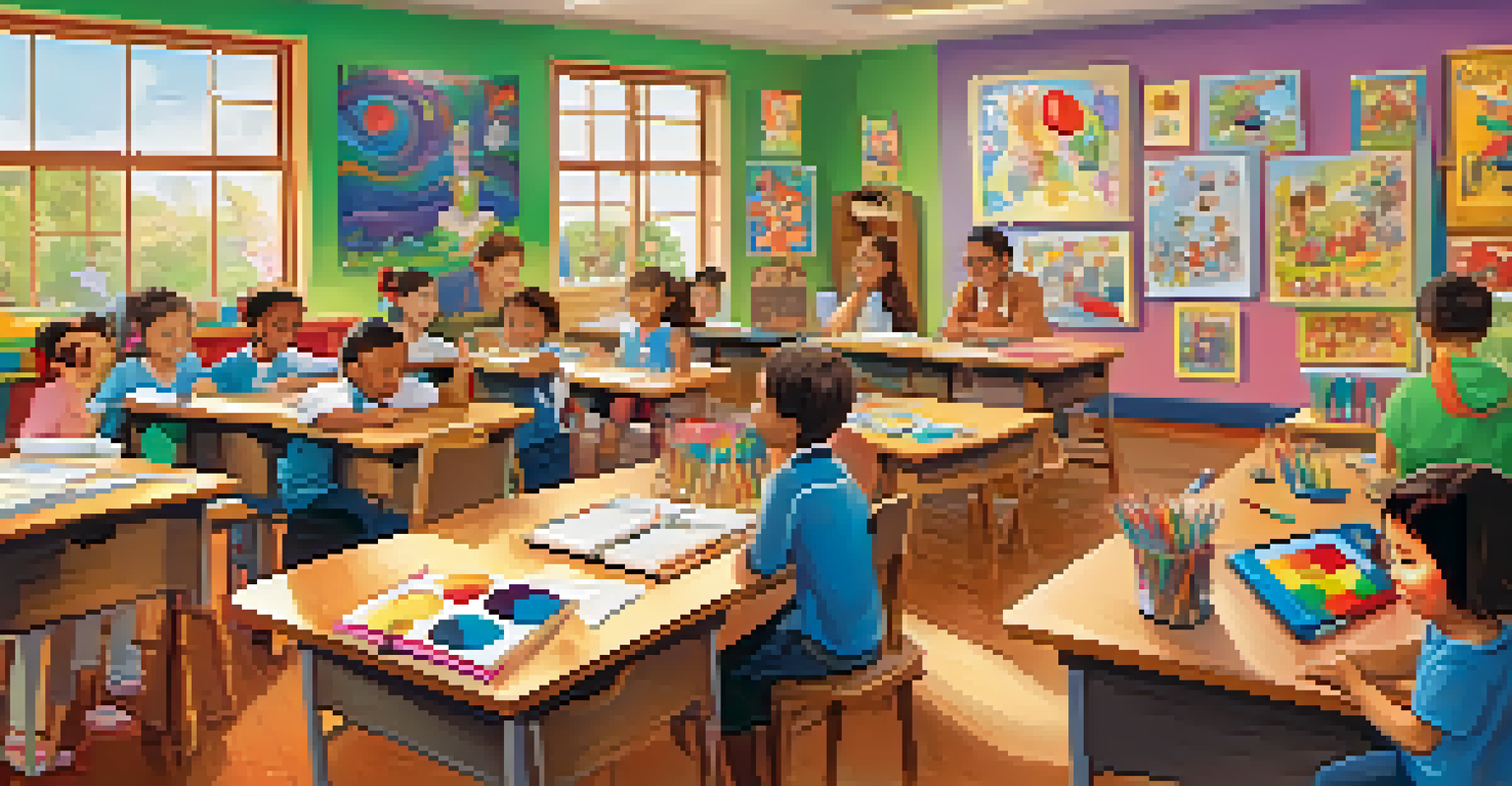 A colorful classroom where animated children learn about emotions with a cheerful teacher and art supplies.