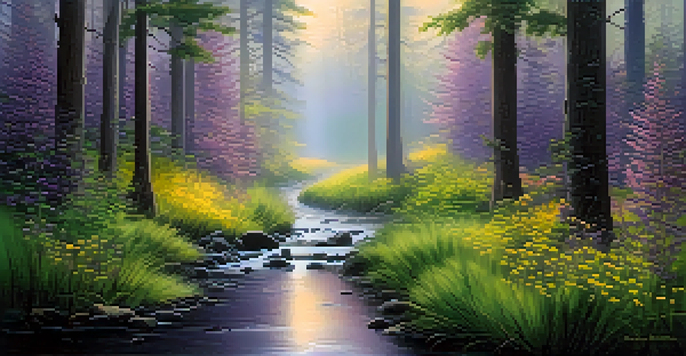 A peaceful forest at dawn with mist, sunlight filtering through trees, and colorful wildflowers.