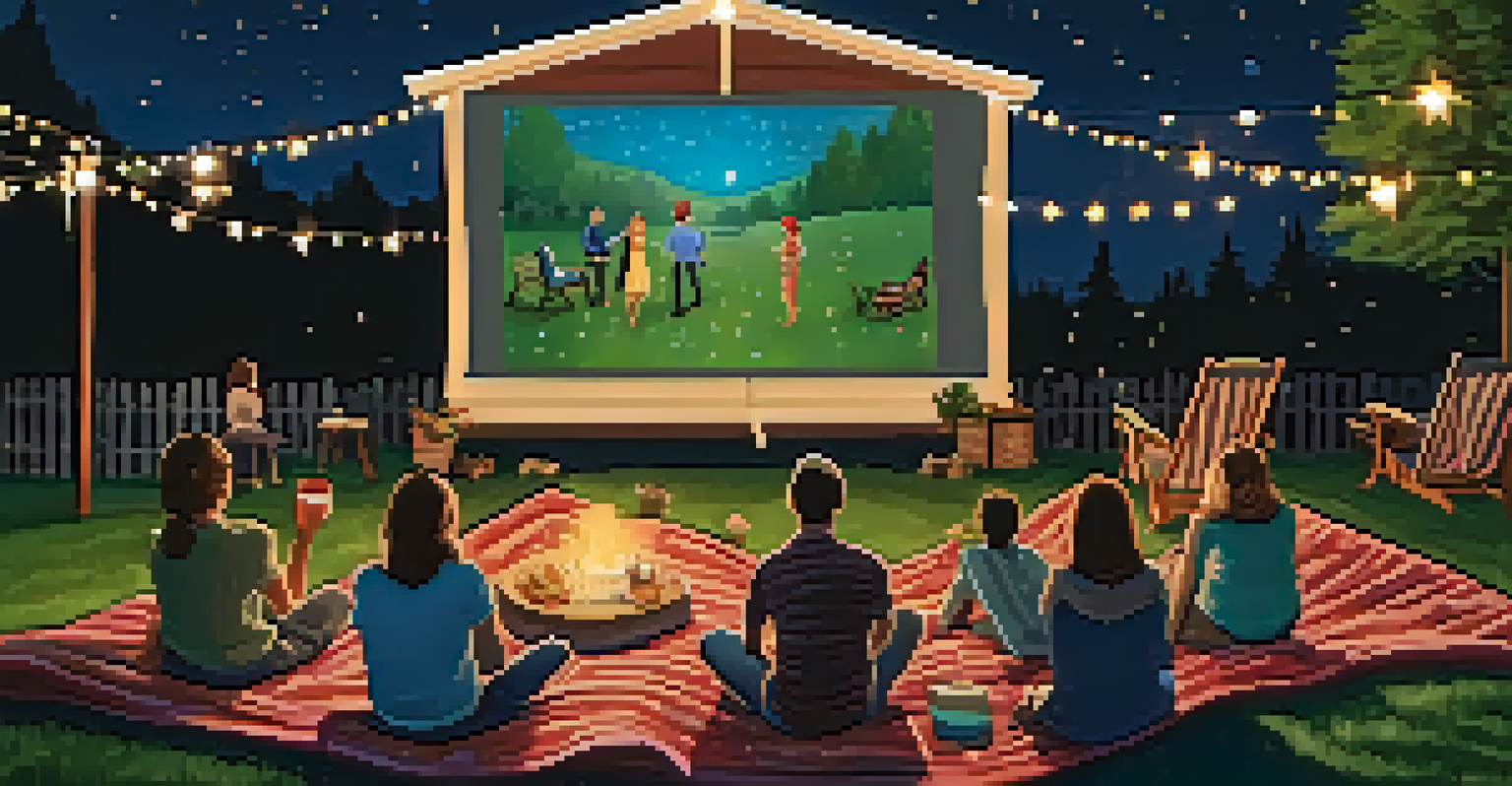 A group of friends enjoying an outdoor movie night with a projector screen and blankets under a starry sky.