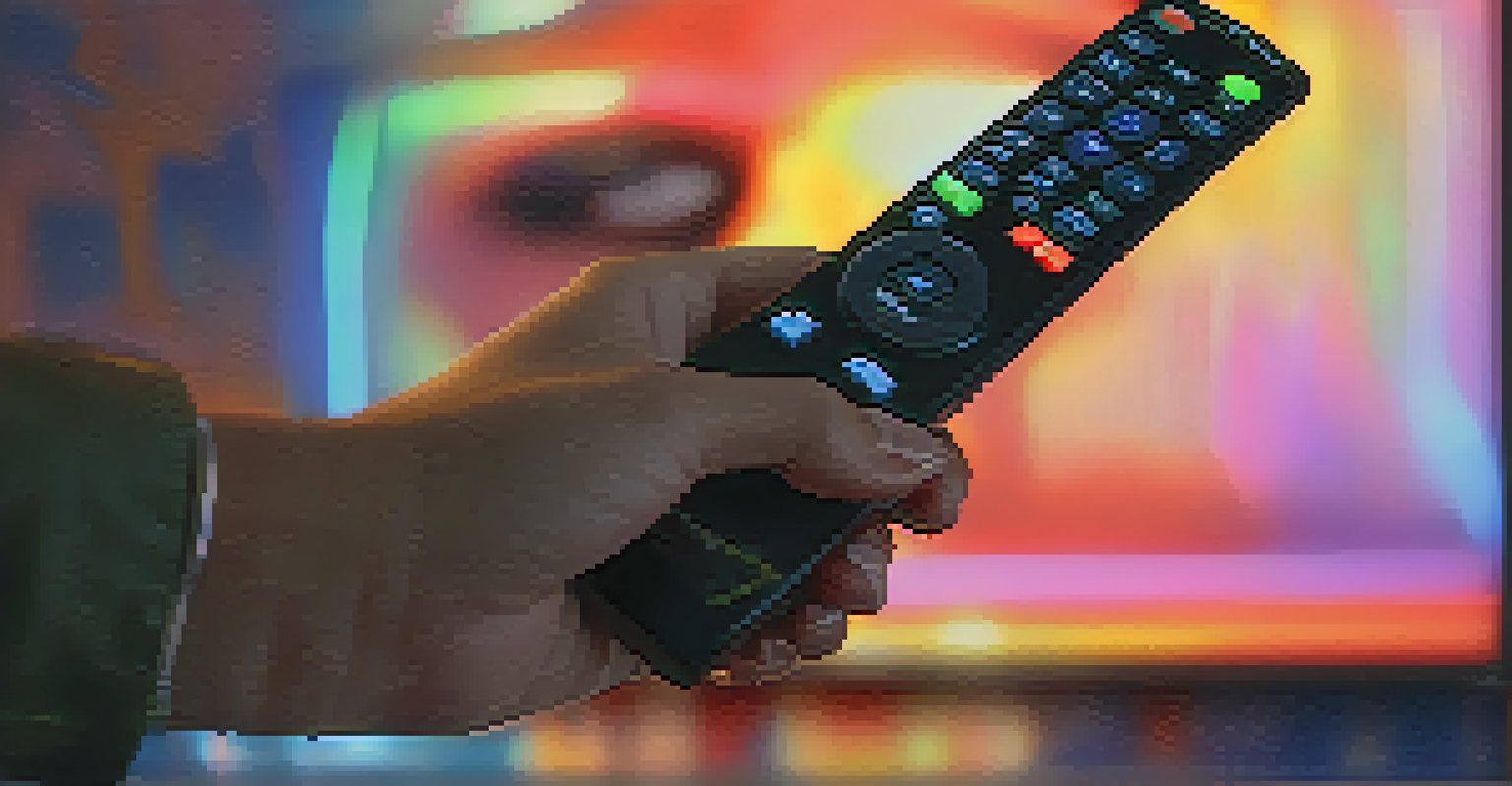 A close-up of a hand holding a remote control with colorful TV screen reflections lighting up a person's face.
