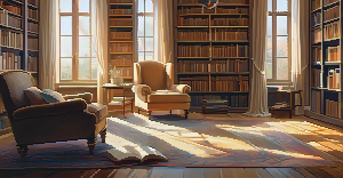 A warm and inviting library filled with books, a central table with open books and a cup of tea, and a cozy armchair by the window.