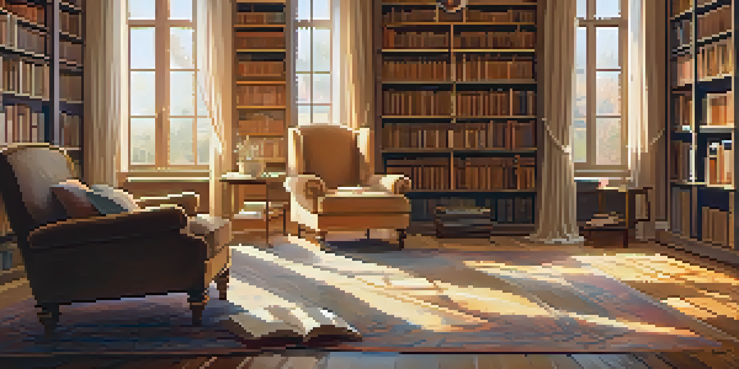 A warm and inviting library filled with books, a central table with open books and a cup of tea, and a cozy armchair by the window.