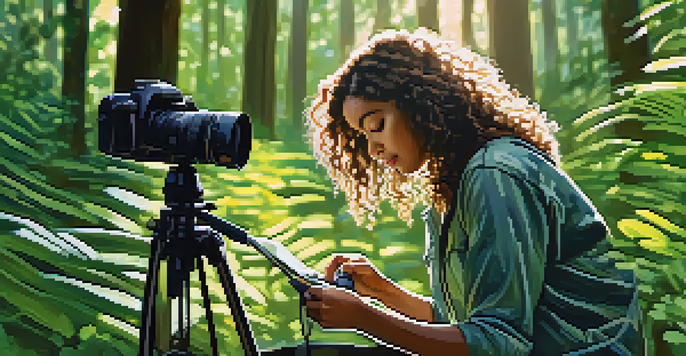 A woman filmmaker setting up a camera in a forest with sunlight filtering through the leaves.
