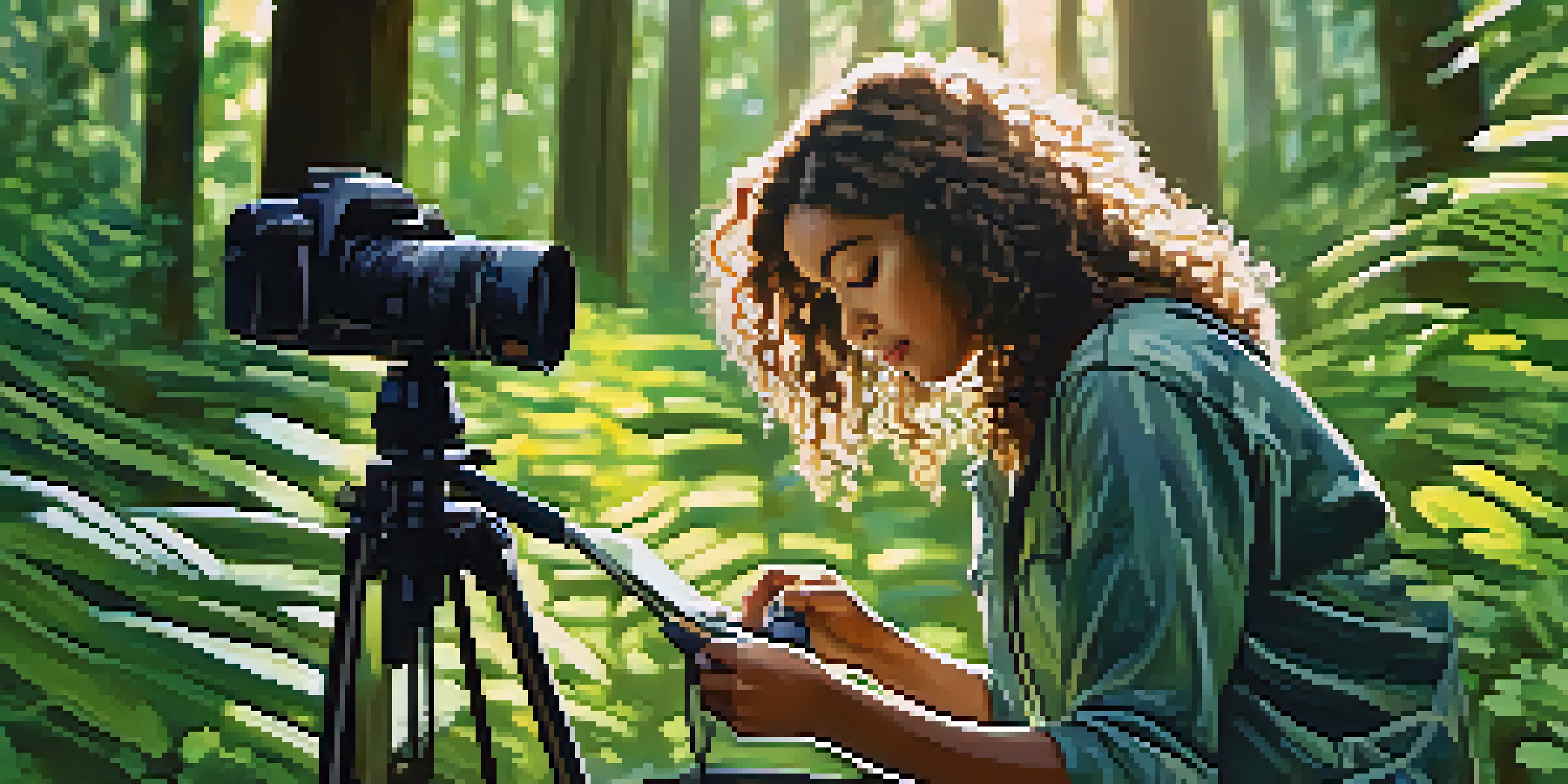 A woman filmmaker setting up a camera in a forest with sunlight filtering through the leaves.