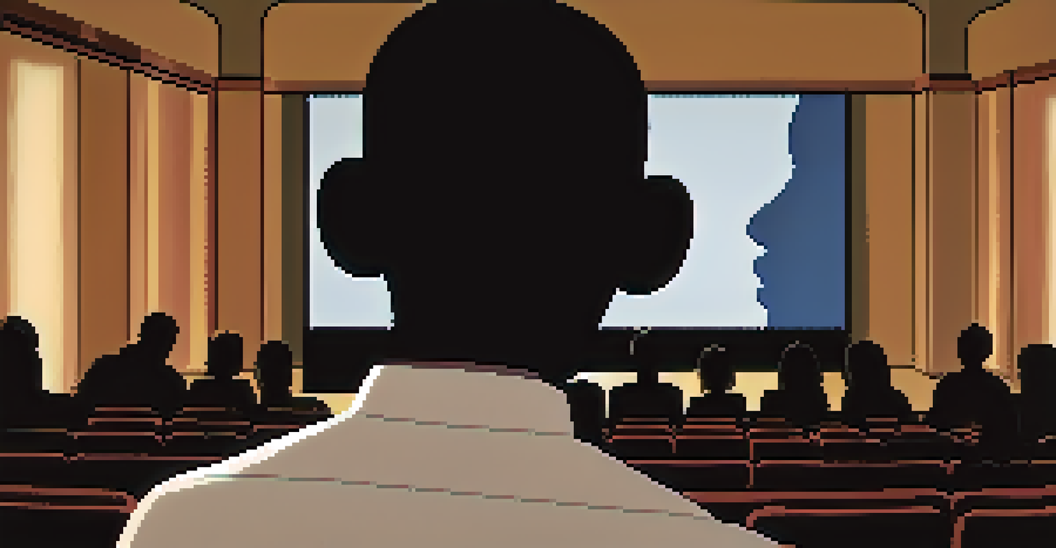 Silhouettes of an audience watching a moving scene from a mental health documentary on a brightly lit screen, highlighting emotional engagement.