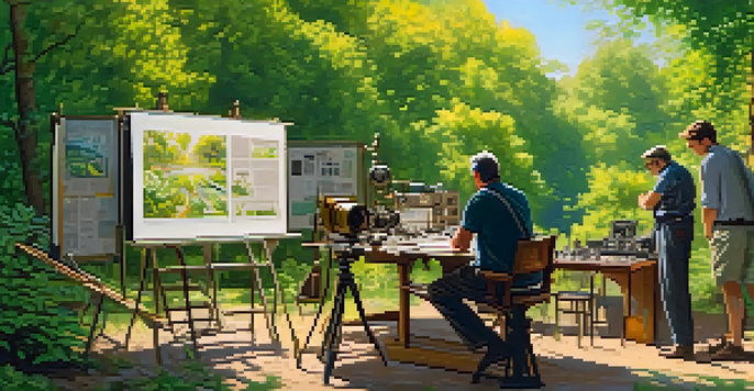 A film director on set, surrounded by greenery and vintage film equipment, reviewing a storyboard under warm sunlight.