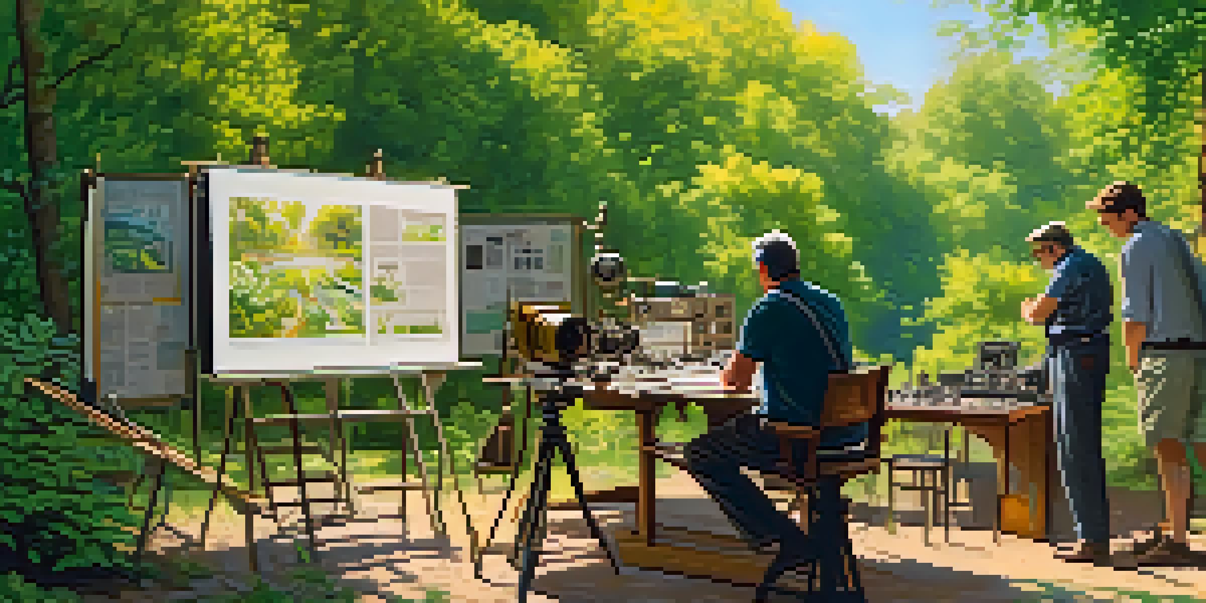 A film director on set, surrounded by greenery and vintage film equipment, reviewing a storyboard under warm sunlight.