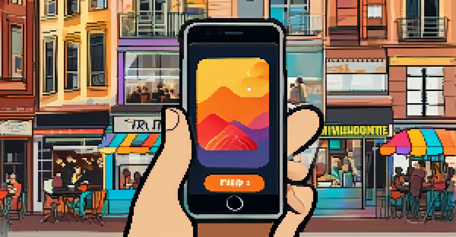 A smartphone displaying a vibrant social media feed with trailers and fan content for a new film, held in a cozy café setting.