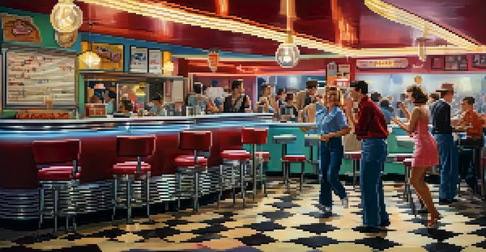 A lively 1950s diner with teenagers dancing, a jukebox, and rock 'n' roll posters on the walls.