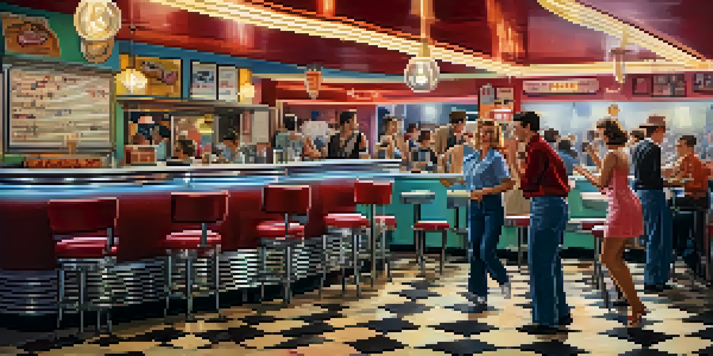 A lively 1950s diner with teenagers dancing, a jukebox, and rock 'n' roll posters on the walls.