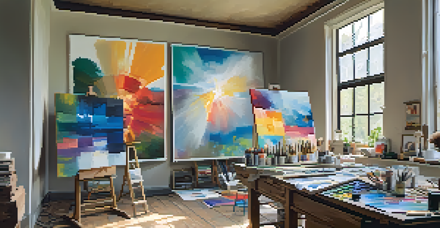 An artist's studio with bright natural light, canvases, and art supplies, reflecting a creative atmosphere.