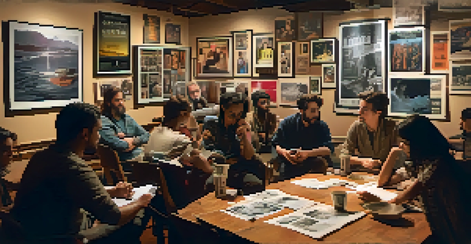 A diverse group of people in a cozy workshop discussing films around a wooden table, with film posters and warm lighting.