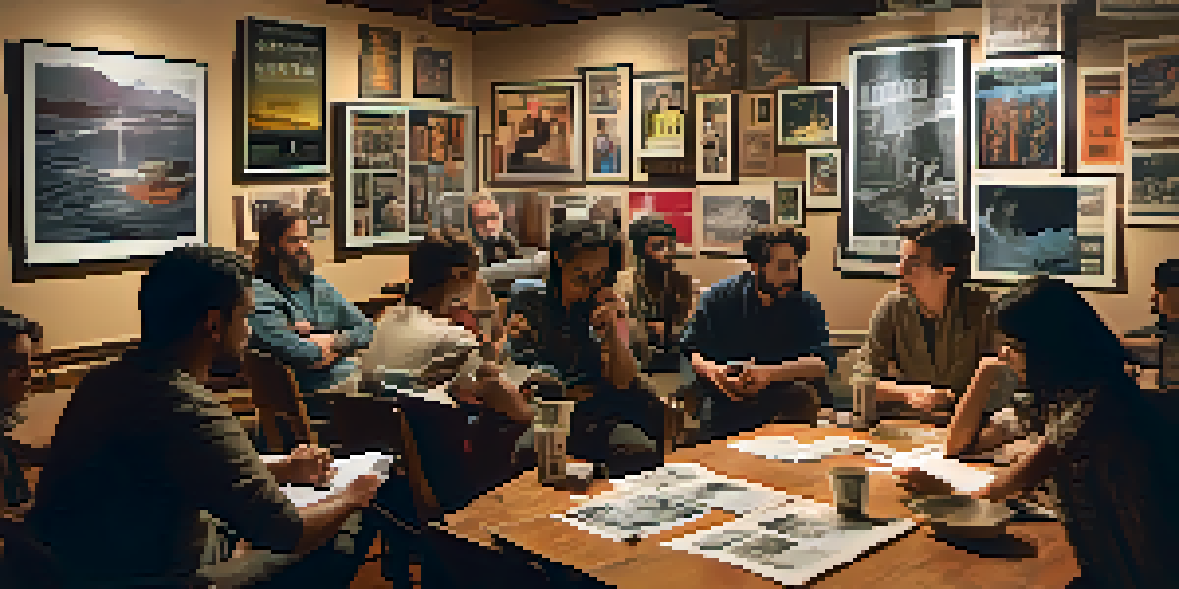 A diverse group of people in a cozy workshop discussing films around a wooden table, with film posters and warm lighting.