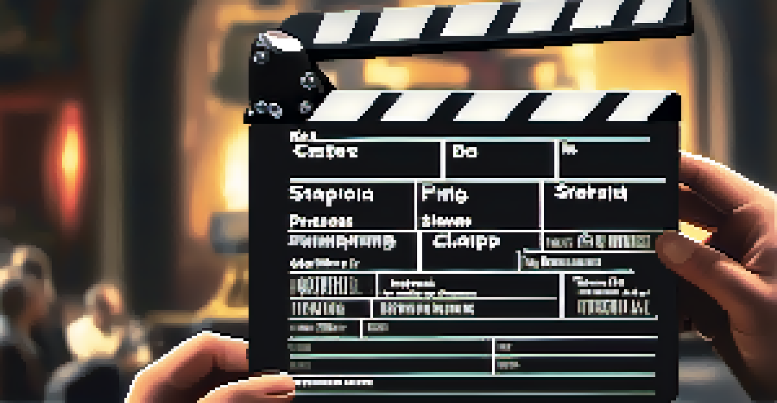 A close-up of a director's hands holding a clapperboard, with a film set in the background.
