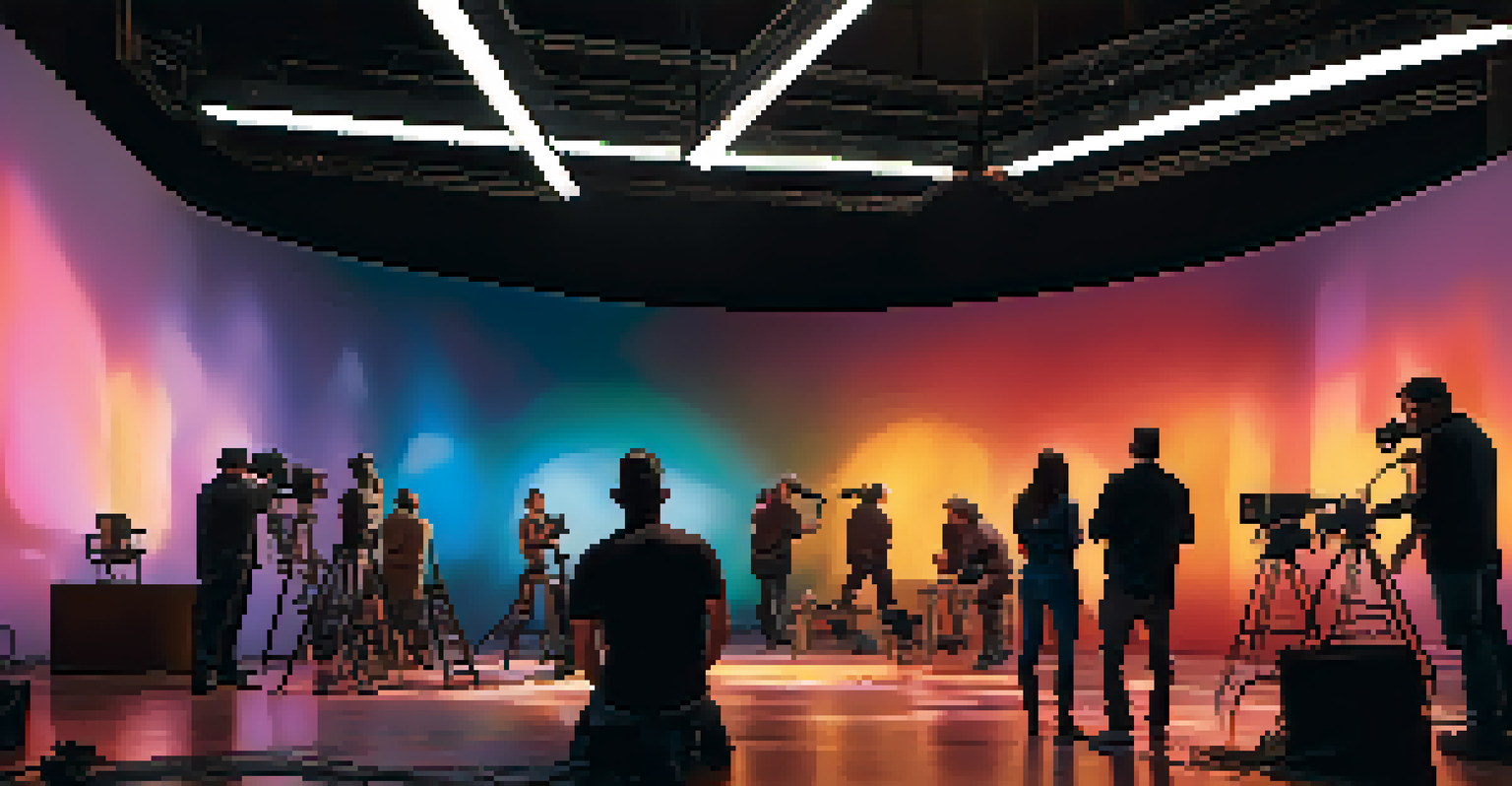A modern filmmaker adjusting LED lights on set with a diverse crew, surrounded by colorful lighting and shadows creating a vibrant atmosphere.