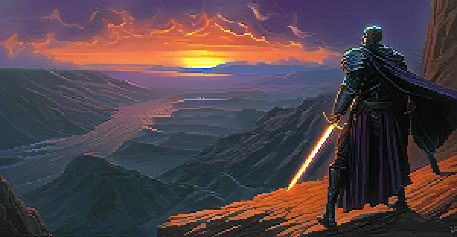 A hero and villain facing each other on a cliff during sunset, with dramatic colors in the sky and an approaching storm in the background.