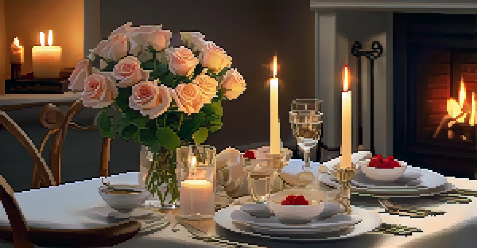 An elegantly set candlelit table for two, with roses and soft lighting, creating a romantic dining atmosphere.