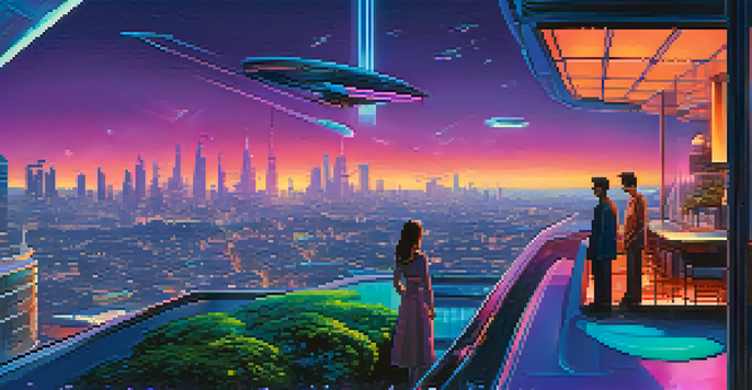 A couple on a rooftop terrace in a futuristic city at dusk, surrounded by neon lights and flying vehicles.