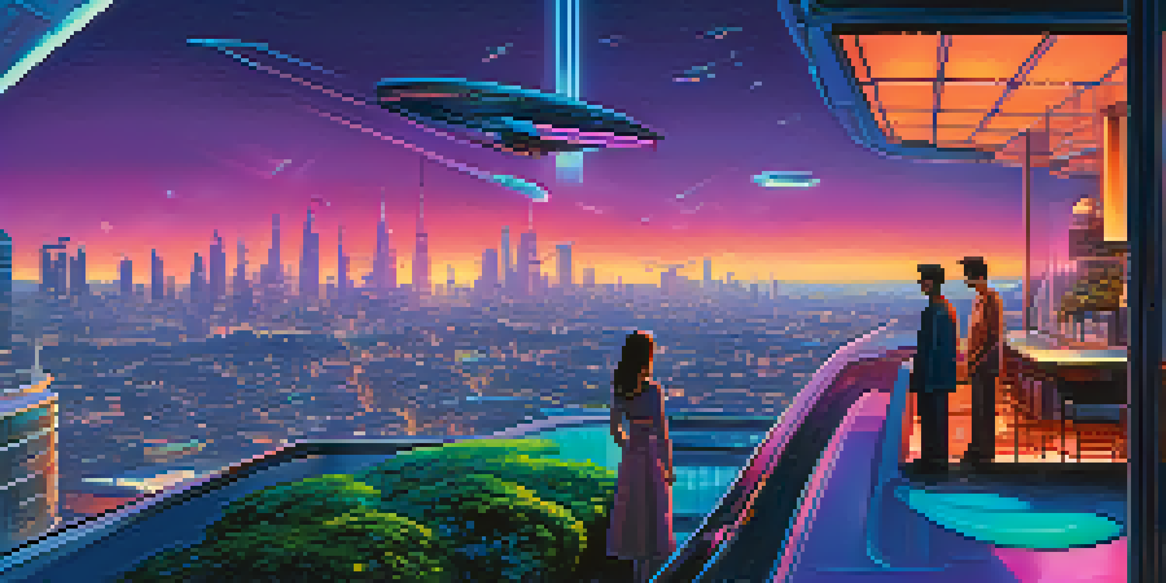 A couple on a rooftop terrace in a futuristic city at dusk, surrounded by neon lights and flying vehicles.