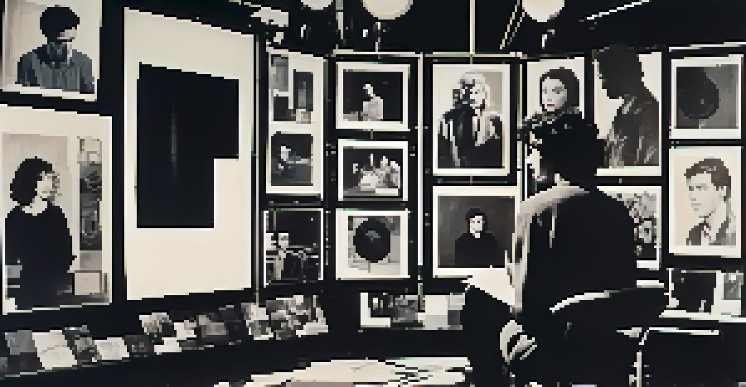 A collage of influential figures in experimental cinema discussing in a film studio surrounded by vintage film equipment.