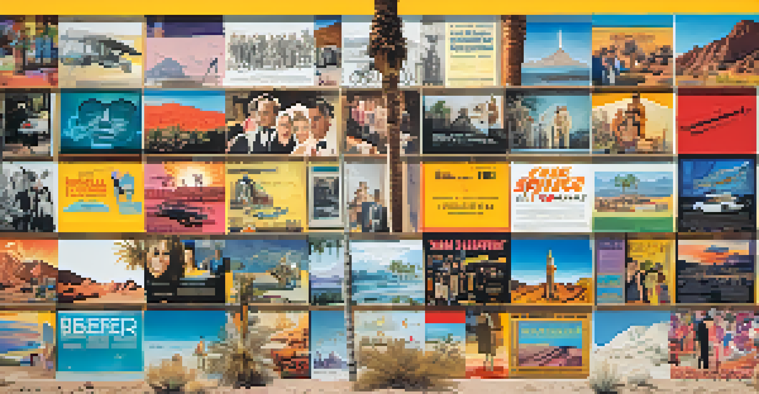 A vibrant collage of film posters at the Palm Springs International Film Festival, showcasing diverse genres against a sunny Palm Springs backdrop.