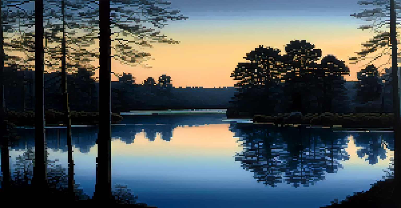 A tranquil river scene at twilight, symbolizing a journey into darkness, with deep blues and shadows.