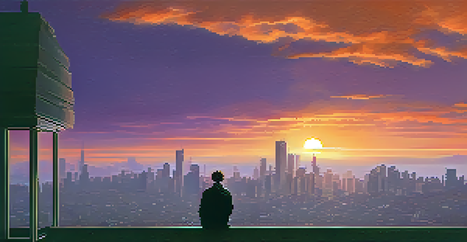 A silhouette of a figure on a rooftop overlooking a city skyline at sunset, with vibrant orange and purple skies creating a dramatic atmosphere.