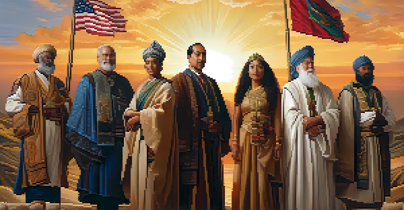 A diverse group of historical figures standing together in unity, with cultural symbols in the background and a dramatic sunset sky.
