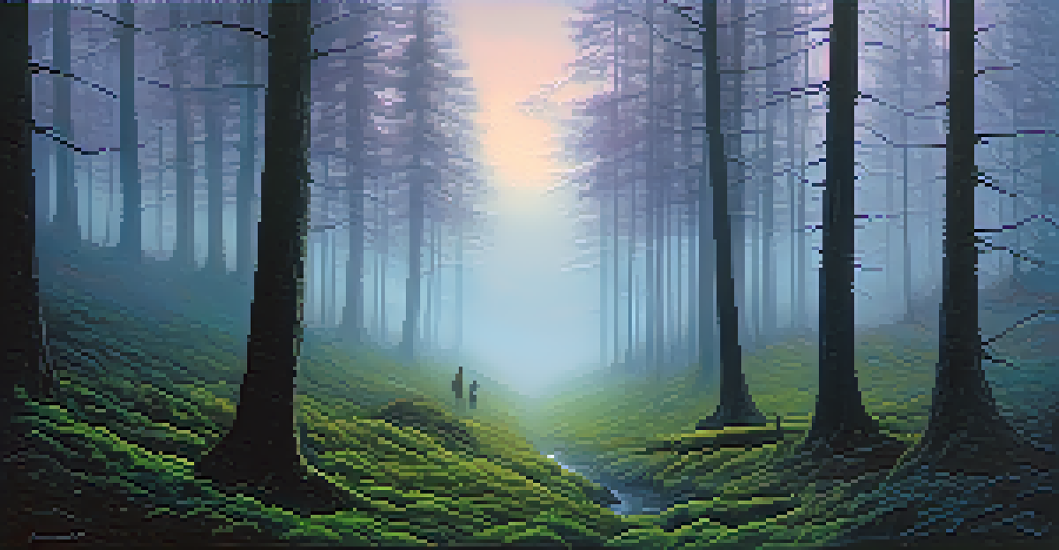 An isolated forest at twilight with mist, featuring a lone figure in the distance, creating a sense of dread and haunting beauty.
